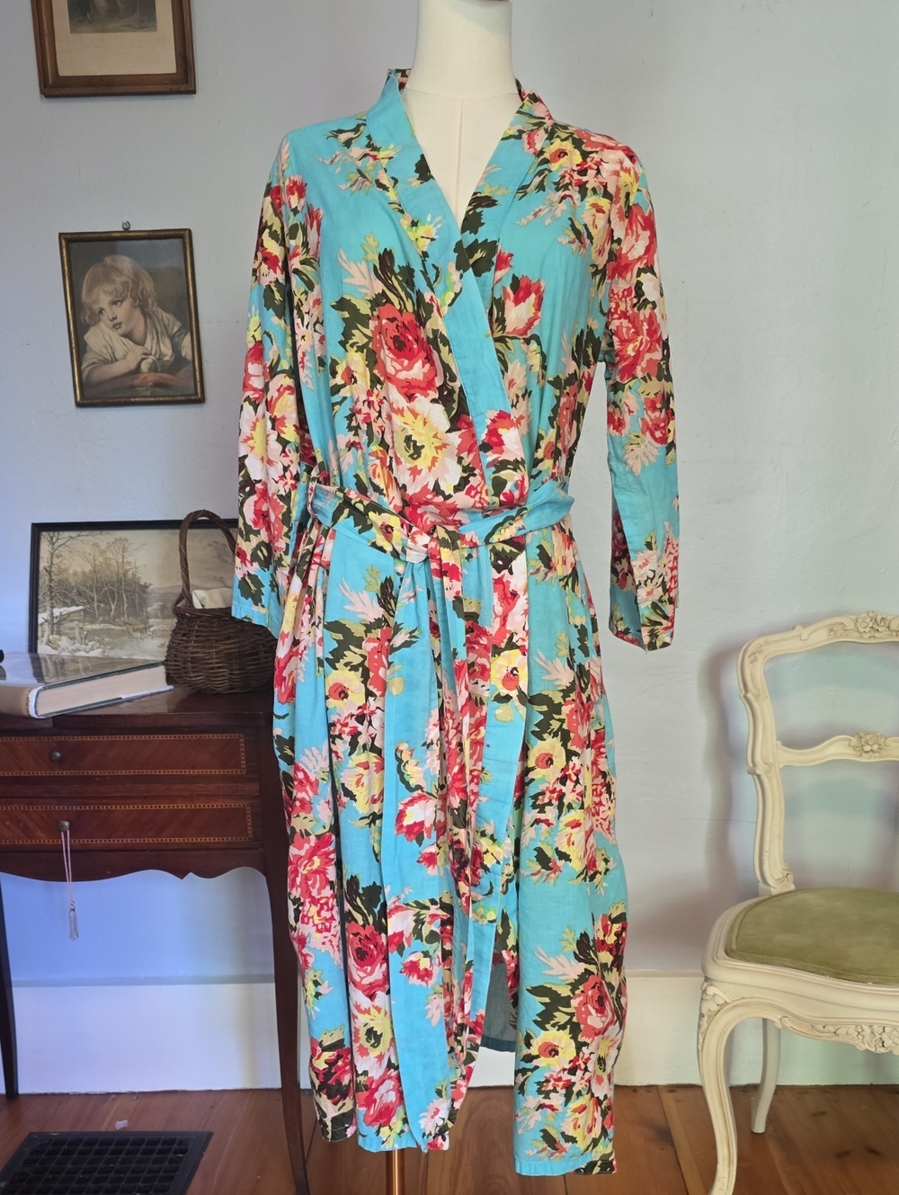 Floral Wrap Robe in Turquoise and Pink by